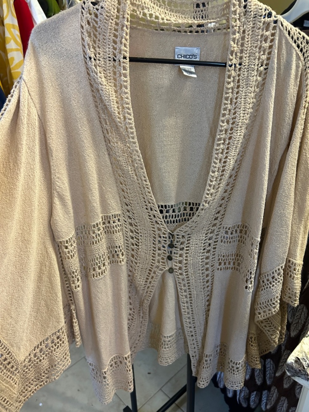 Chico's Beige Crochet-Trim Open Cardigan